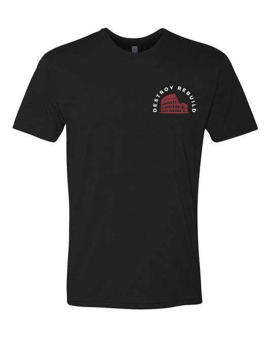 Short sleeve black shirt with Destroy Rebuild logo on front.